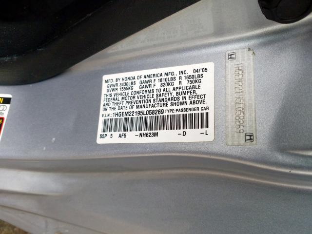 1HGEM22195L058269 - 2005 HONDA CIVIC DX VP  photo 10