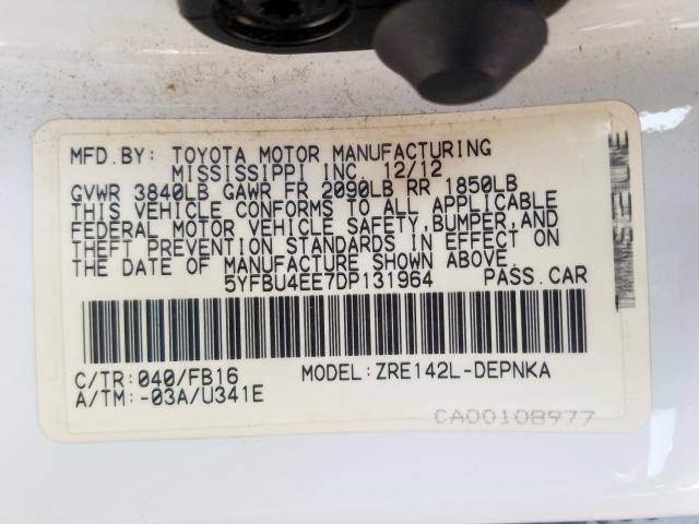 5YFBU4EE7DP131964 - 2013 TOYOTA COROLLA BASE  照片 10