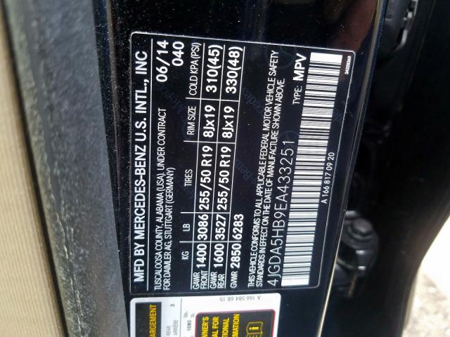 4JGDA5HB9EA433251 - 2014 MERCEDES-BENZ ML 350 4MATIC  photo 10