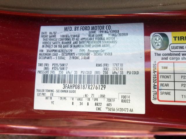 3FAHP08187R276129 - 2007 FORD FUSION SEL  photo 10