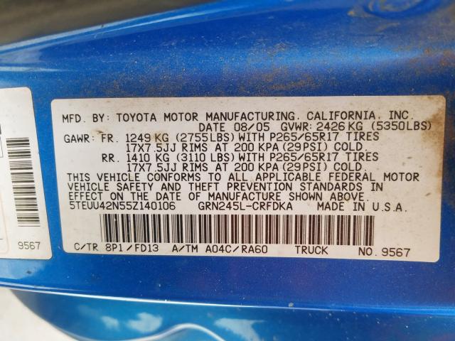 5TEUU42N55Z140106 - 2005 TOYOTA TACOMA ACCESS CAB  ფოტო 10