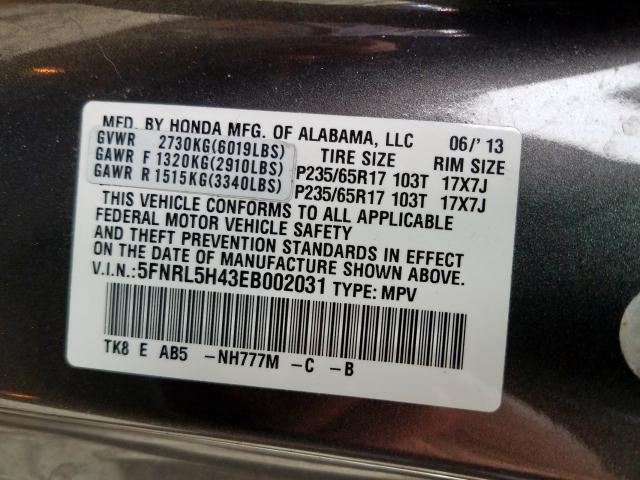 5FNRL5H43EB002031 - 2014 HONDA ODYSSEY EX  photo 10