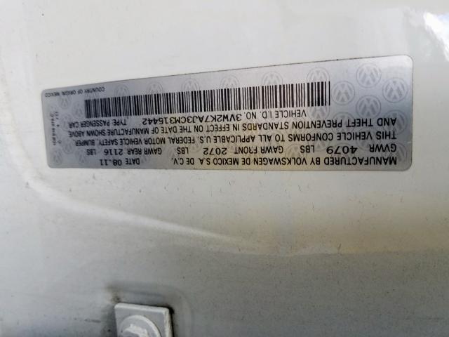 3VW2K7AJ3CM315442 - 2012 VOLKSWAGEN JETTA BASE  照片 10