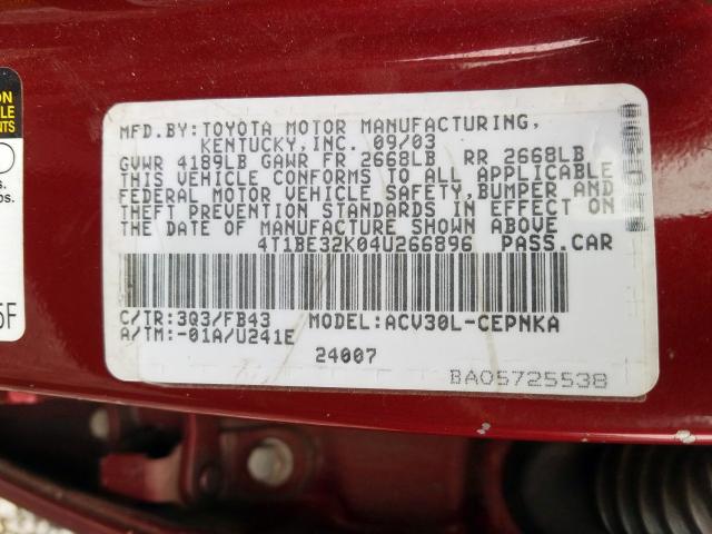 4T1BE32K04U266896 - 2004 TOYOTA CAMRY LE  photo 10