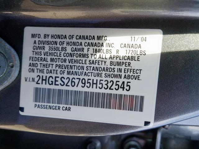 2HGES26795H532545 - 2005 HONDA CIVIC EX  photo 10