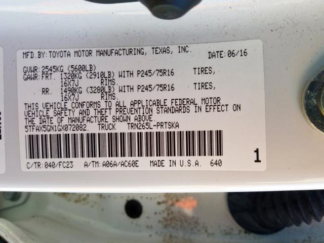 5TFAX5GN1GX072082 - 2016 TOYOTA TACOMA DOUBLE CAB  照片 10