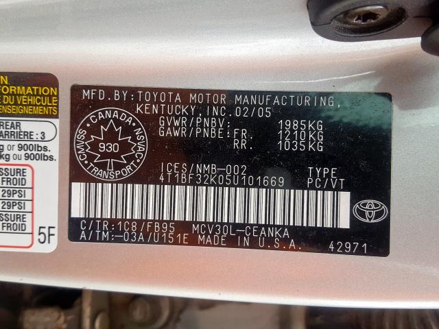 4T1BF32K05U101669 - 2005 TOYOTA CAMRY LE  photo 10