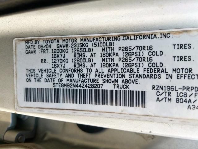 5TEGM92N44Z428207 - 2004 TOYOTA TACOMA DOUBLE CAB PRERUNNER  photo 10
