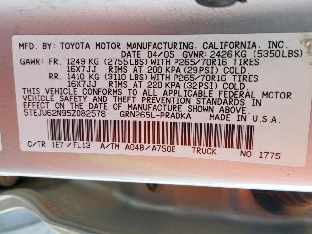 5TEJU62N95Z082578 - 2005 TOYOTA TACOMA DOUBLE CAB PRERUNNER  photo 10