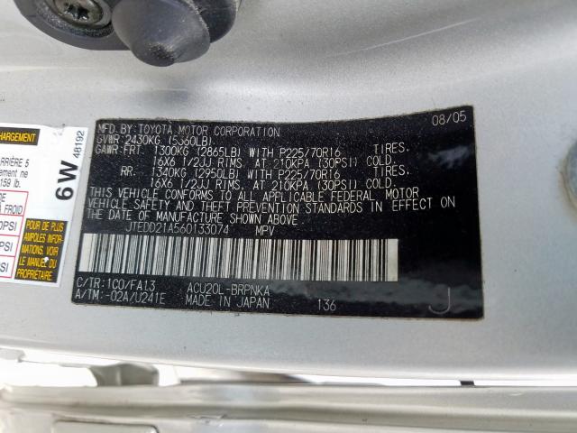 JTEDD21A560133074 - 2006 TOYOTA HIGHLANDER  photo 10