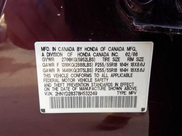 2HNYD28378H532249 - 2008 ACURA MDX TECHNOLOGY  photo 10