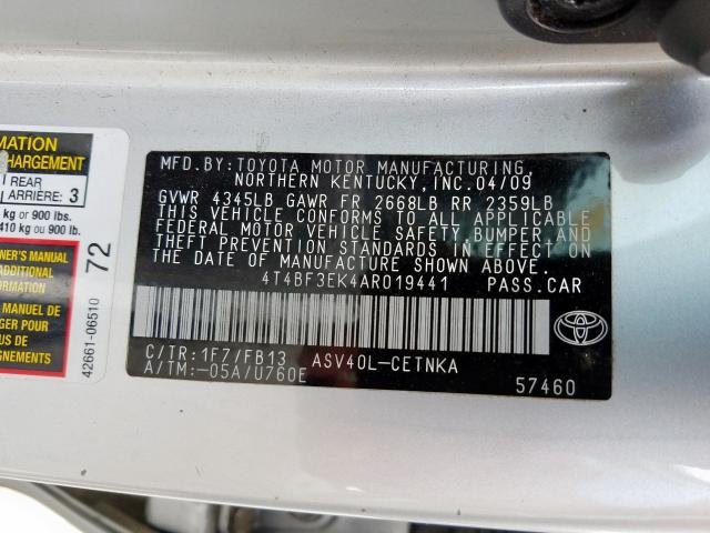 4T4BF3EK4AR019441 - 2010 TOYOTA CAMRY BASE  photo 10