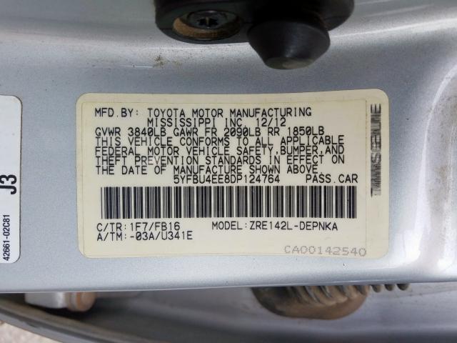 5YFBU4EE8DP124764 - 2013 TOYOTA COROLLA BASE  photo 10