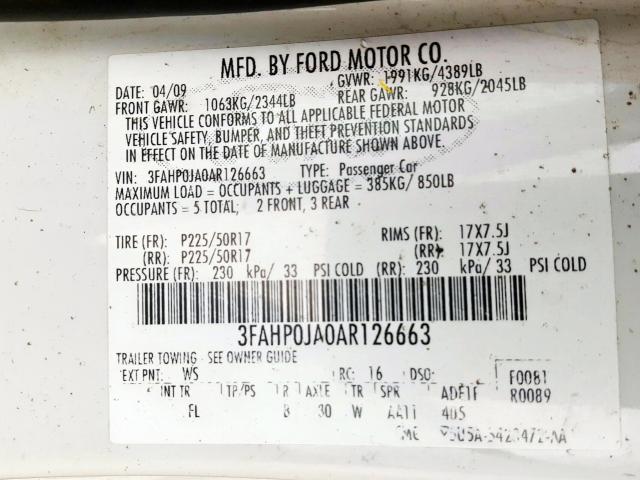 3FAHP0JA0AR126663 - 2010 FORD FUSION SEL  photo 10