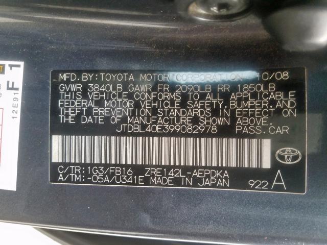 JTDBL40E399082978 - 2009 TOYOTA COROLLA BASE  照片 10