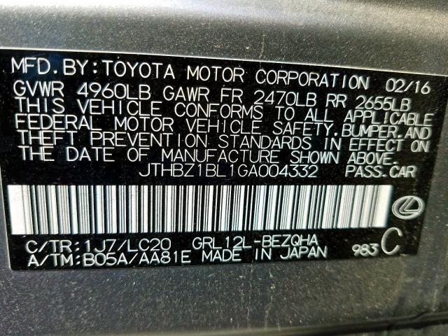 JTHBZ1BL1GA004332 - 2016 LEXUS GS 350 BASE  photo 10