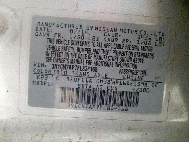 3N1CN7AP7FL834168 - 2015 NISSAN VERSA S  photo 10