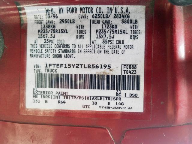 1FTEF15Y2TLB56195 - 1996 FORD F150  photo 10