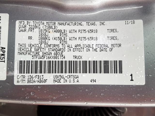 5TFUW5F16KX801734 - 2019 TOYOTA TUNDRA DOUBLE CAB SR/SR5  photo 10