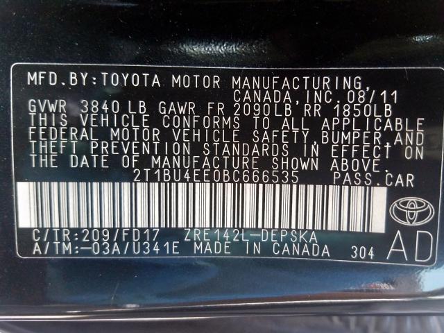 2T1BU4EE0BC666535 - 2011 TOYOTA COROLLA BASE  照片 10