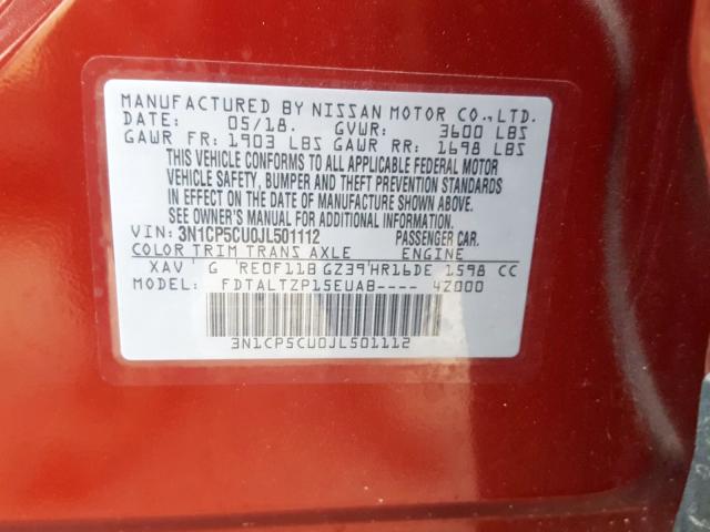 3N1CP5CU0JL501112 - 2018 NISSAN KICKS S  photo 10