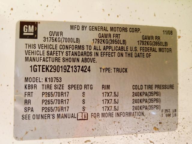 1GTEK29019Z137424 - 2009 GMC SIERRA K1500 SLE  photo 10