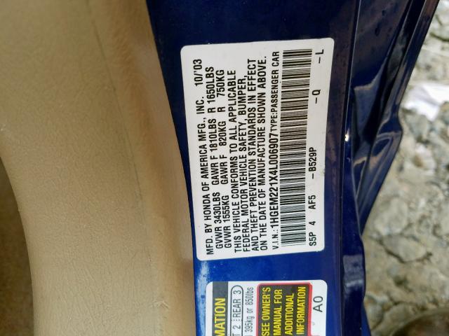 1HGEM221X4L006907 - 2004 HONDA CIVIC DX VP  foto 10