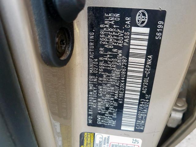 4T1BE32K44U867387 - 2004 TOYOTA CAMRY LE  photo 10