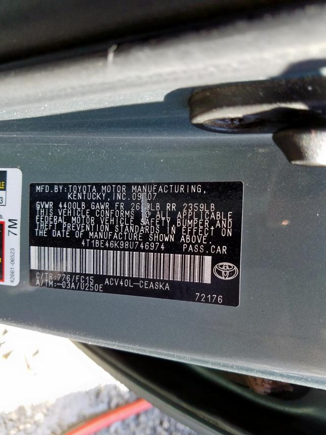 4T1BE46K98U746974 - 2008 TOYOTA CAMRY CE  photo 10