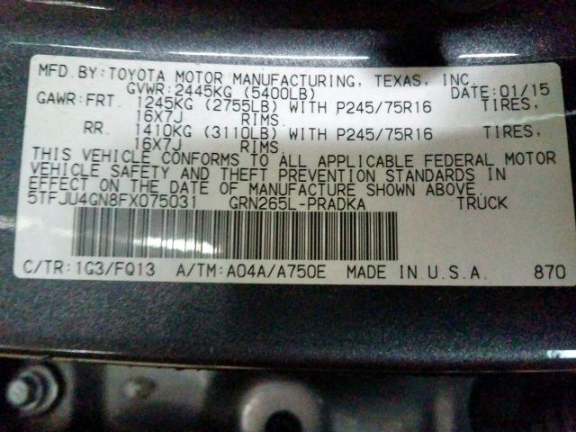 5TFJU4GN8FX075031 - 2015 TOYOTA TACOMA DOUBLE CAB PRERUNNER  photo 10