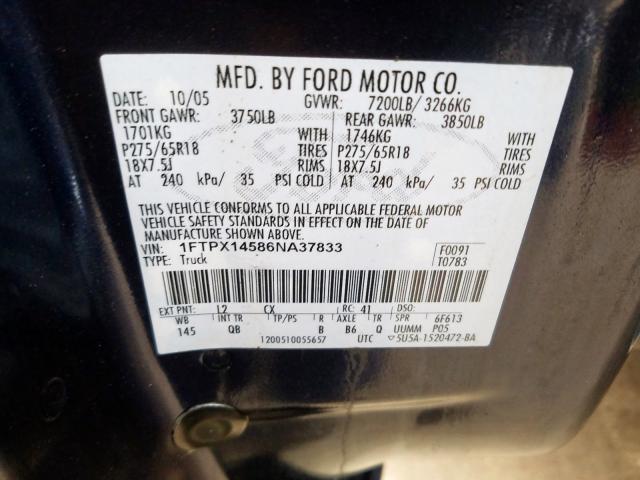 1FTPX14586NA37833 - 2006 FORD F150  photo 10