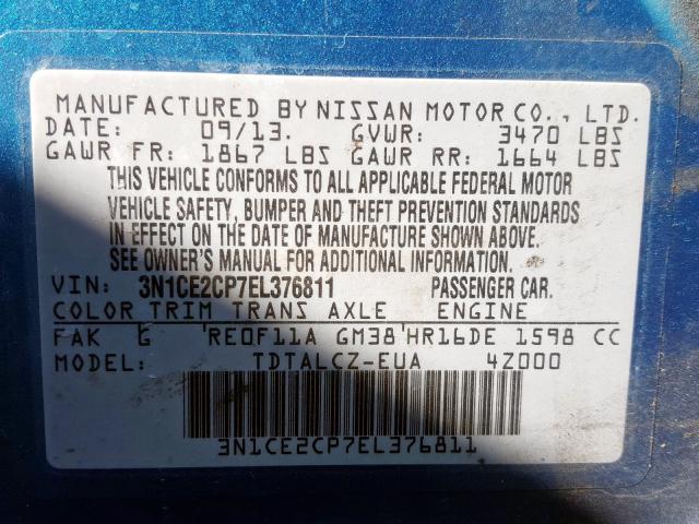 3N1CE2CP7EL376811 - 2014 NISSAN VERSA NOTE S  photo 10