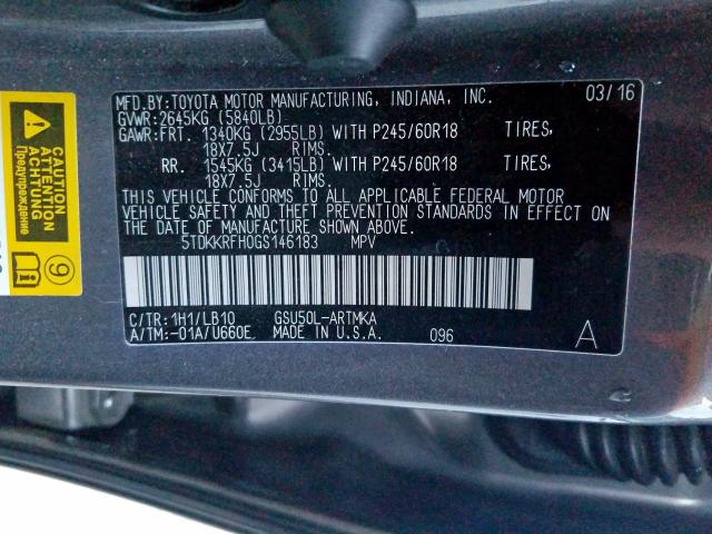 5TDKKRFH0GS146183 - 2016 TOYOTA HIGHLANDER XLE  ფოტო 10