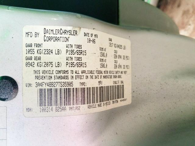 3A4FY48B27T535905 - 2007 CHRYSLER PT CRUISER  photo 10