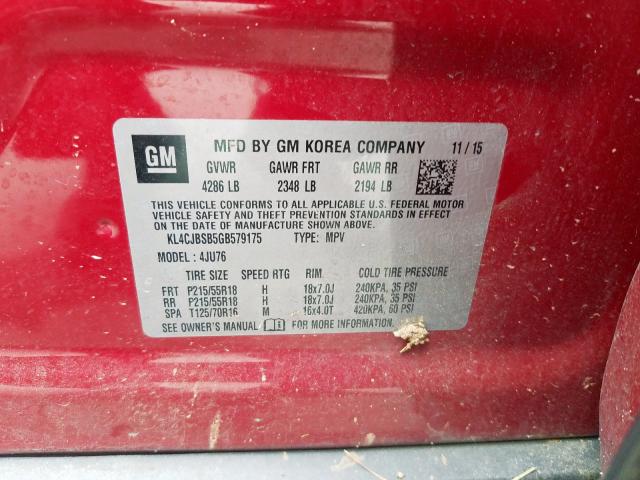 KL4CJBSB5GB579175 - 2016 BUICK ENCORE CONVENIENCE  photo 10