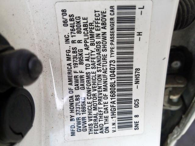 1HGFA16808L104073 - 2008 HONDA CIVIC EX  photo 10