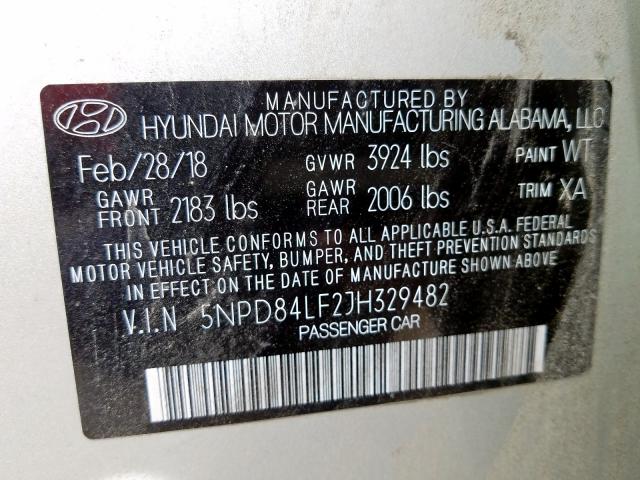 5NPD84LF2JH329482 - 2018 HYUNDAI ELANTRA SEL  photo 10