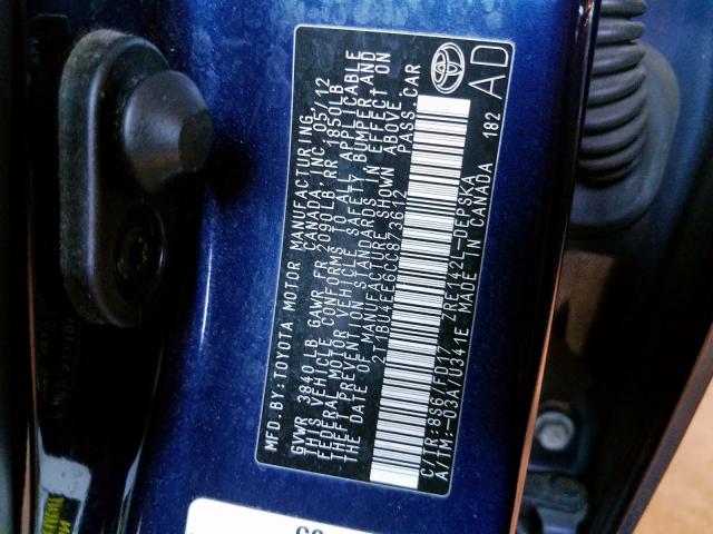 2T1BU4EE6CC873612 - 2012 TOYOTA COROLLA BASE  照片 10