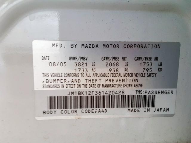 JM1BK12F361420428 - 2006 MAZDA 3 I  photo 10