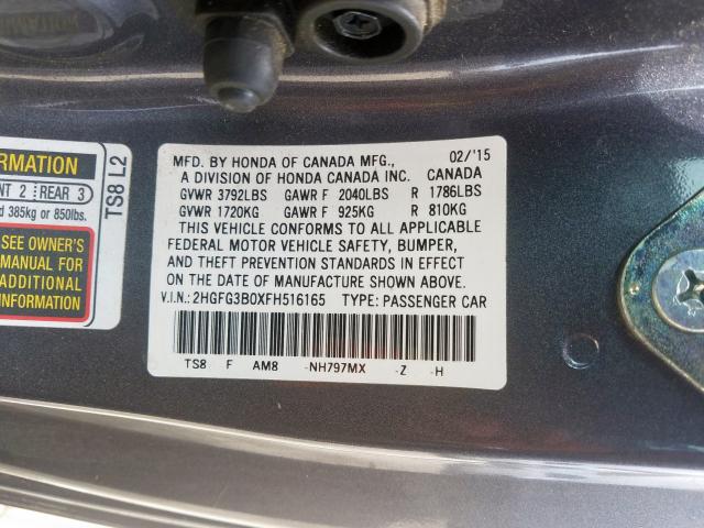 2HGFG3B0XFH516165 - 2015 HONDA CIVIC EXL  照片 10