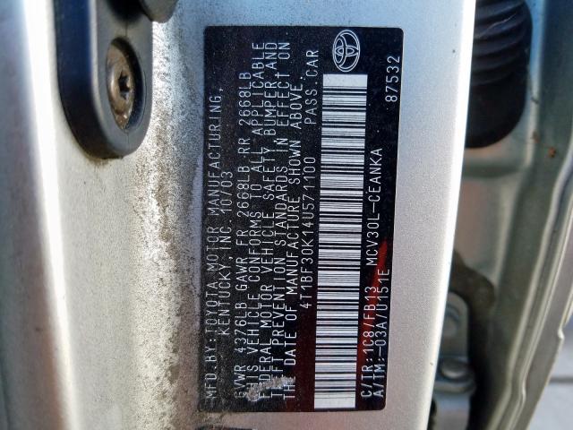 4T1BF30K14U571100 - 2004 TOYOTA CAMRY LE  photo 10