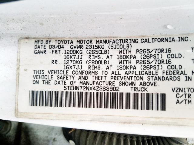 5TEHN72NX4Z388902 - 2004 TOYOTA TACOMA DOUBLE CAB  照片 10