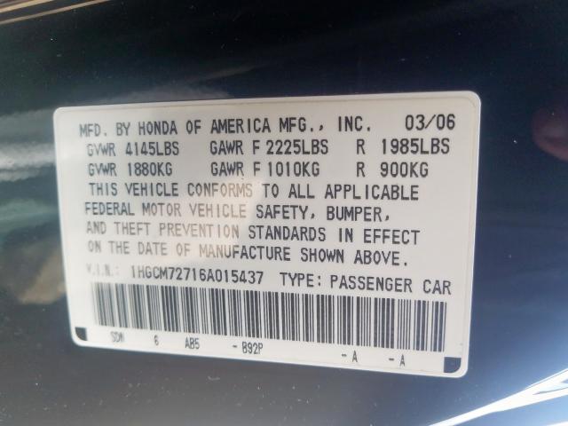 1HGCM72716A015437 - 2006 HONDA ACCORD EX  photo 10