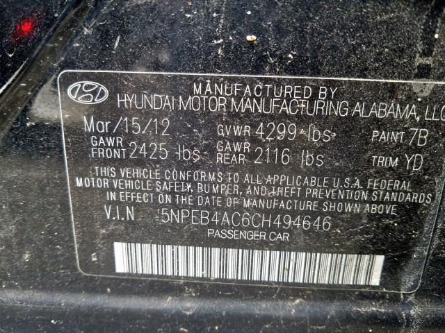 5NPEB4AC6CH494646 - 2012 HYUNDAI SONATA GLS  photo 10