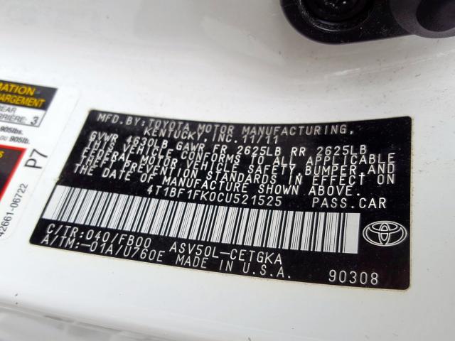 4T1BF1FK0CU521525 - 2012 TOYOTA CAMRY BASE  photo 10