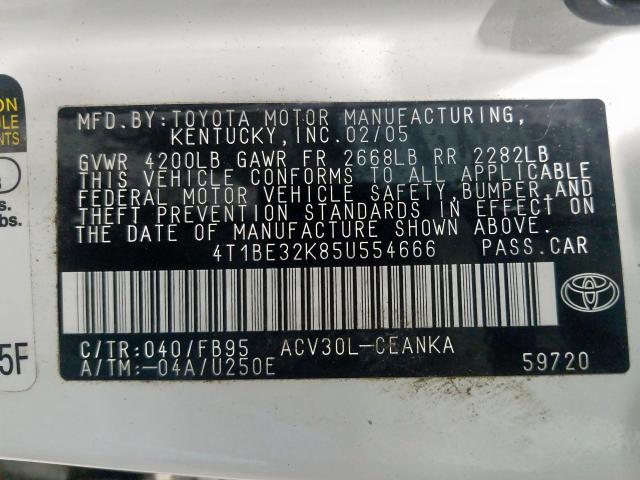 4T1BE32K85U554666 - 2005 TOYOTA CAMRY LE  photo 10
