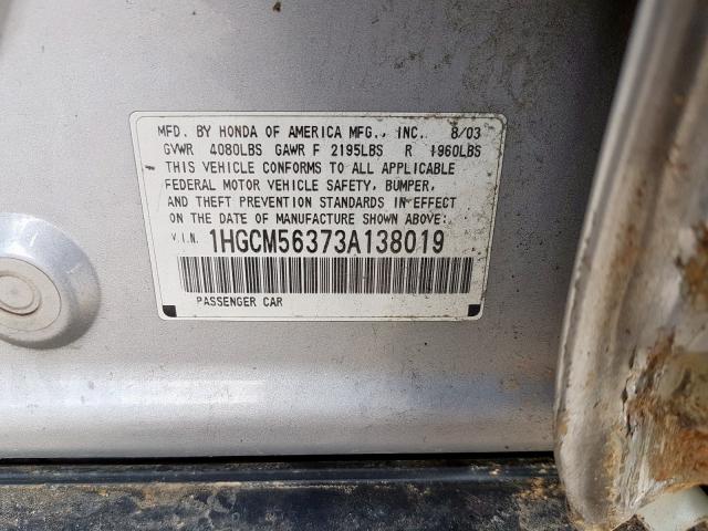 1HGCM56373A138019 - 2003 HONDA ACCORD LX  photo 10