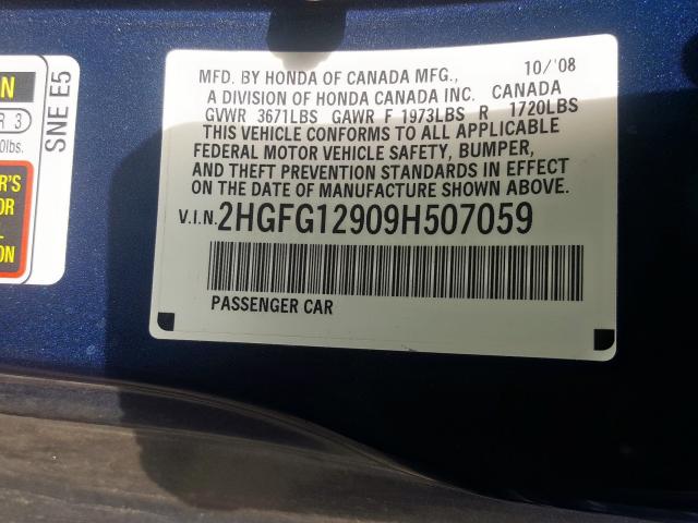 2HGFG12909H507059 - 2009 HONDA CIVIC EXL  照片 10