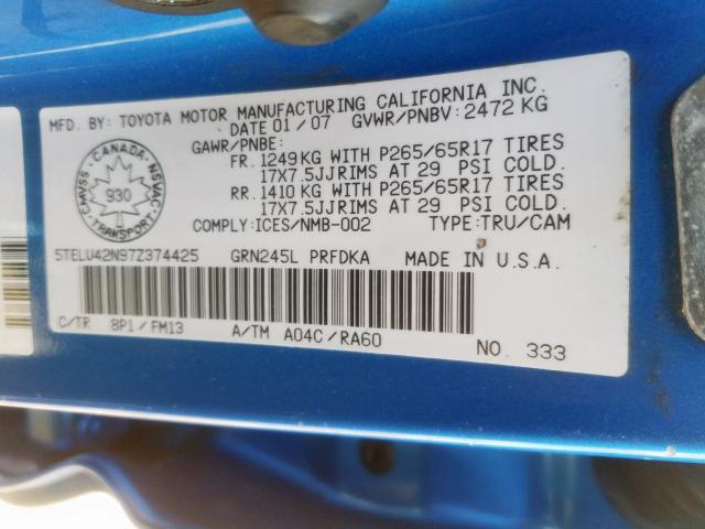 5TELU42N97Z374425 - 2007 TOYOTA TACOMA DOUBLE CAB  照片 10