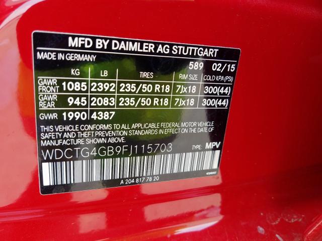 WDCTG4GB9FJ115703 - 2015 MERCEDES-BENZ GLA 250 4MATIC  photo 10